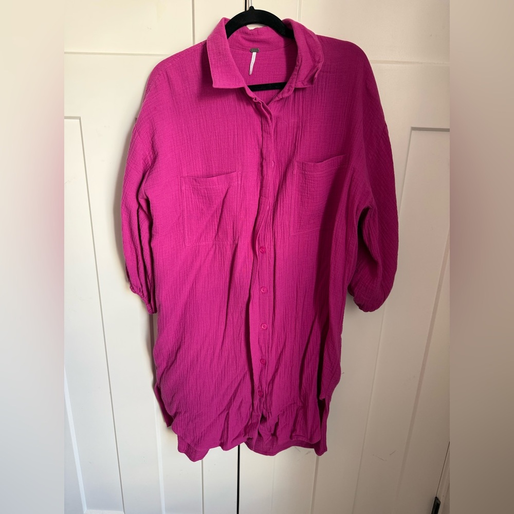 YPB Vibrant Pink Button-Up Shirt perfect as a beach cover up. Gauze soft fabric.